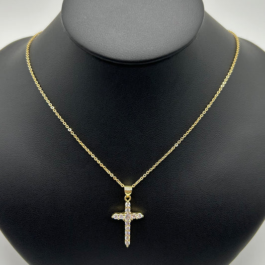Collar de Cruz con Zirconias de Oro Laminado