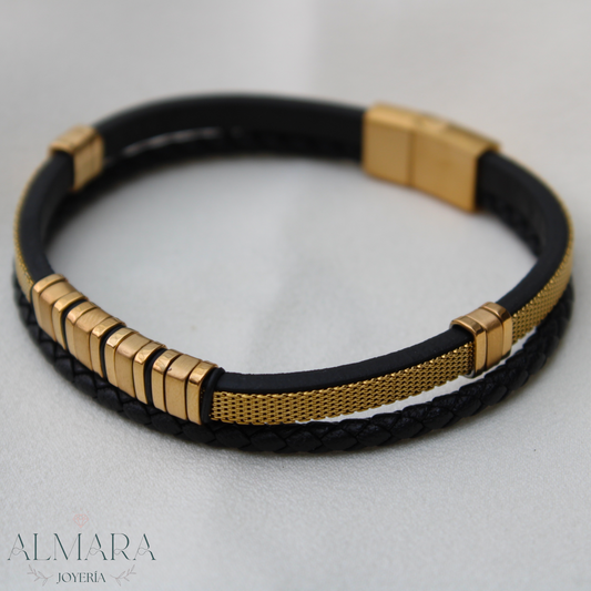 Pulsera Doble de Acero con Piel