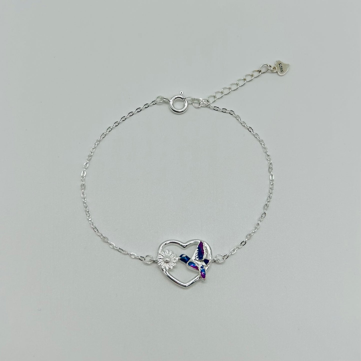 Pulsera de Corazón con Colibrí en Plata