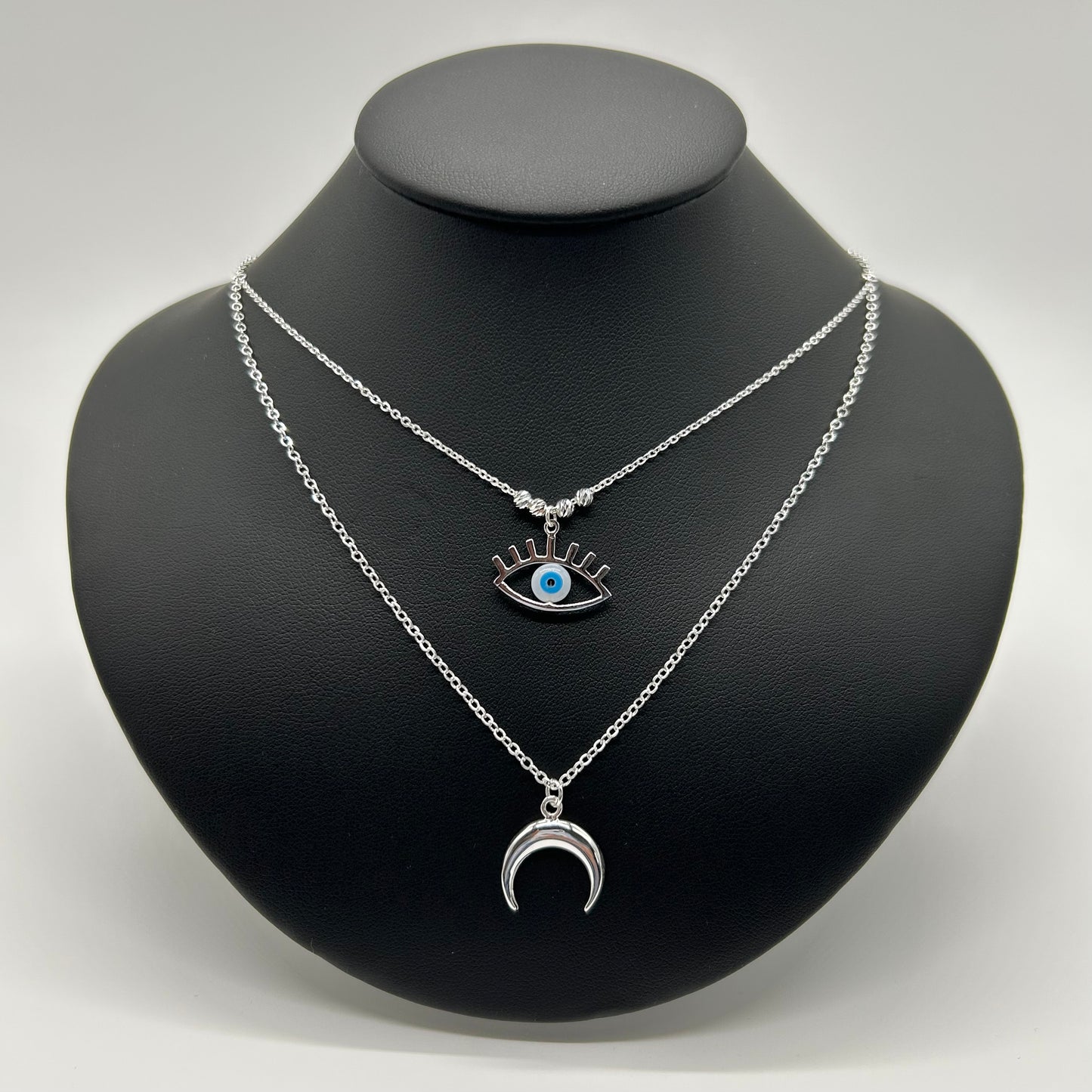 Collar Doble de Ojito y Luna en Plata