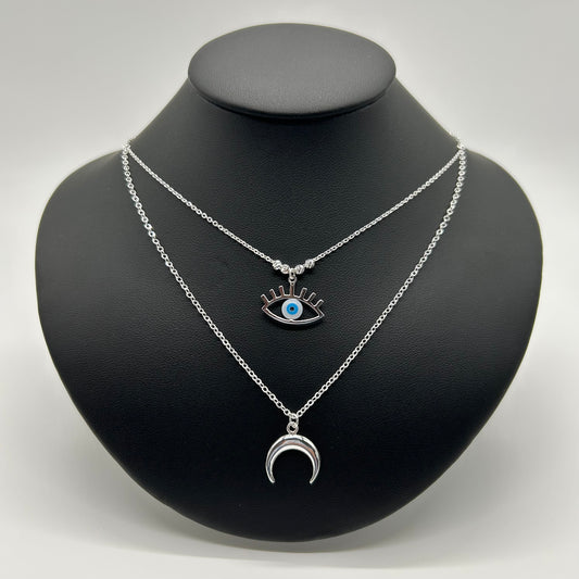 Collar Doble de Ojito y Luna en Plata