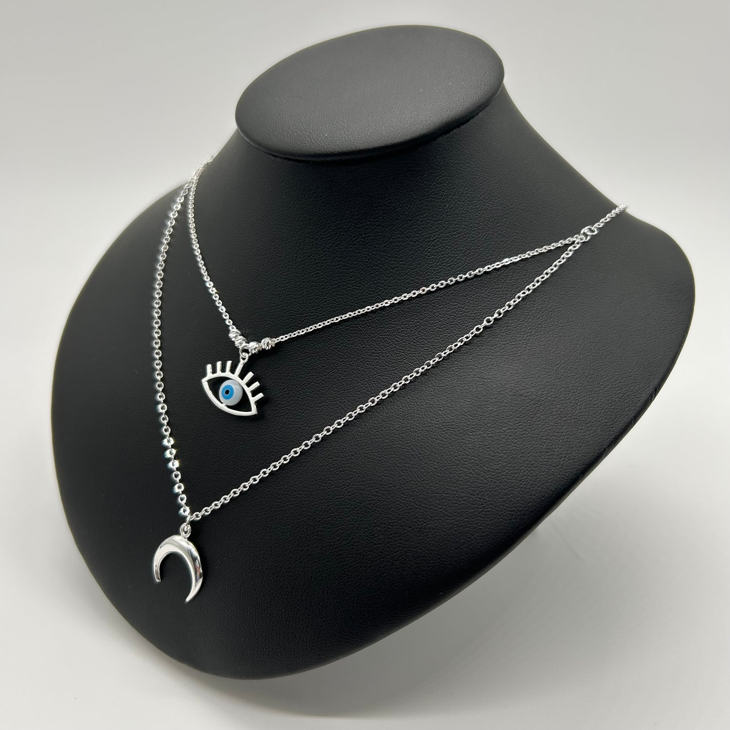 Collar Doble de Ojito y Luna en Plata