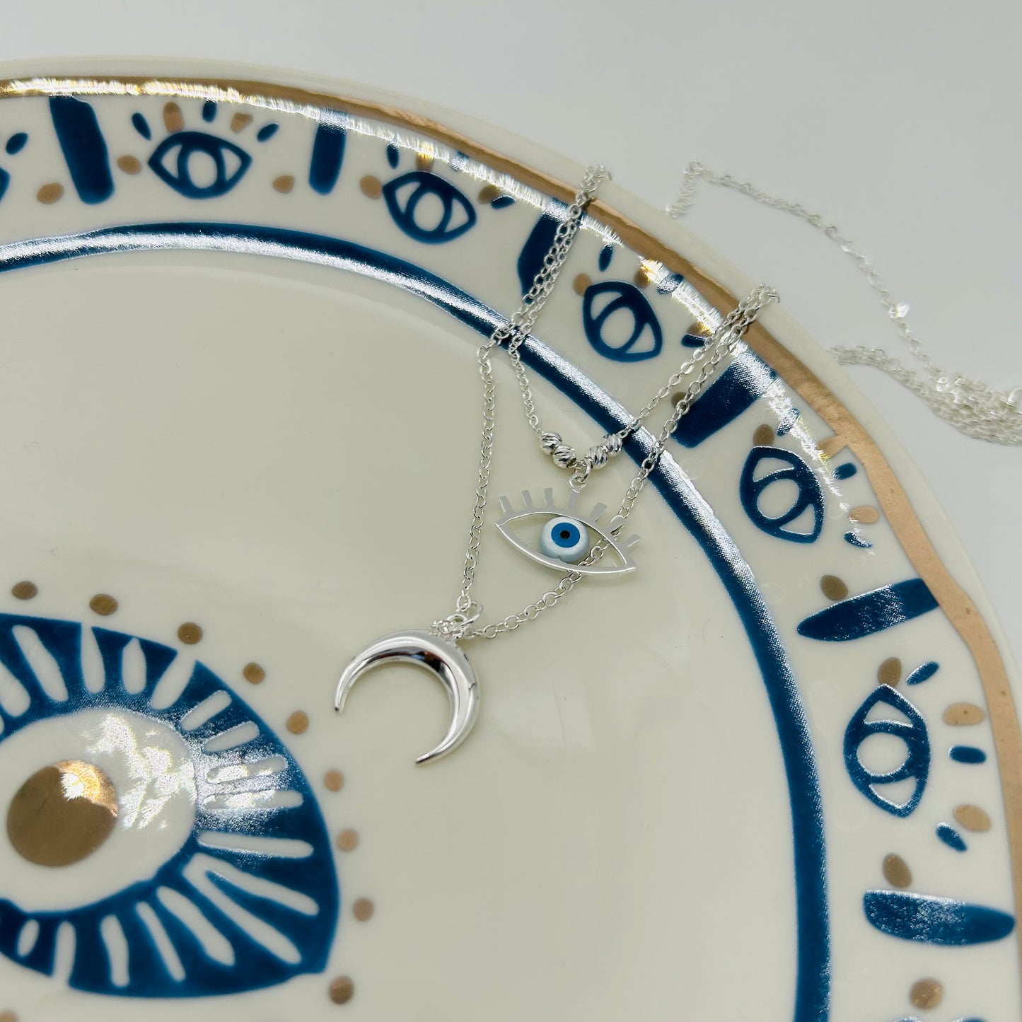 Collar Doble de Ojito y Luna en Plata