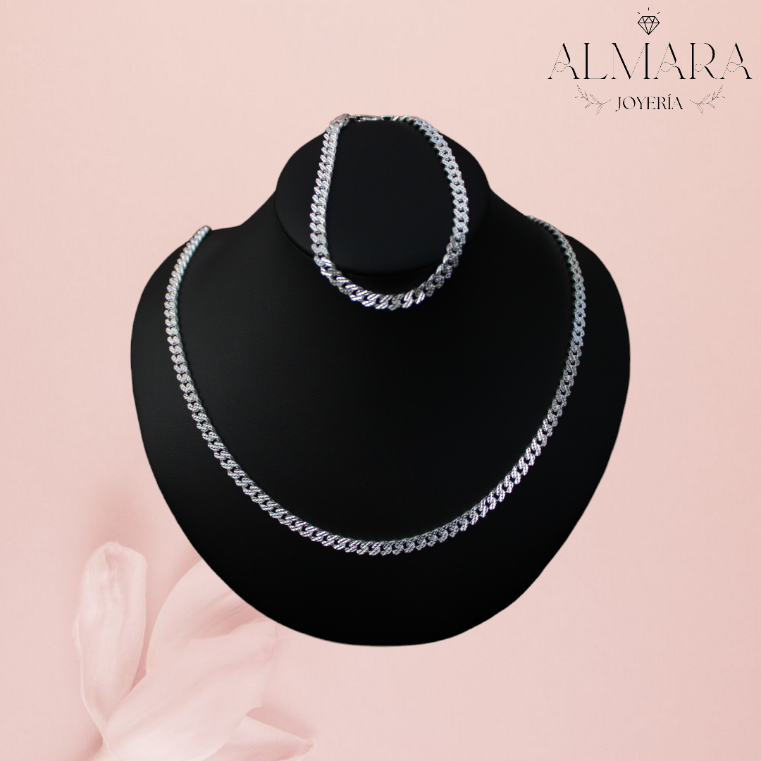 Cadena y Pulsera Barbada Diamantada Maciza