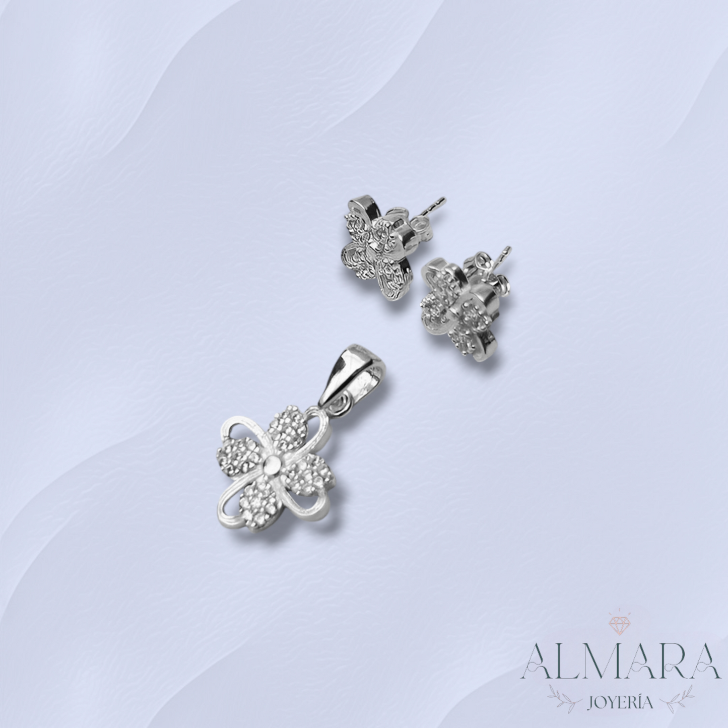 Juego Aretes y Dije Flores de Plata con Zirconias