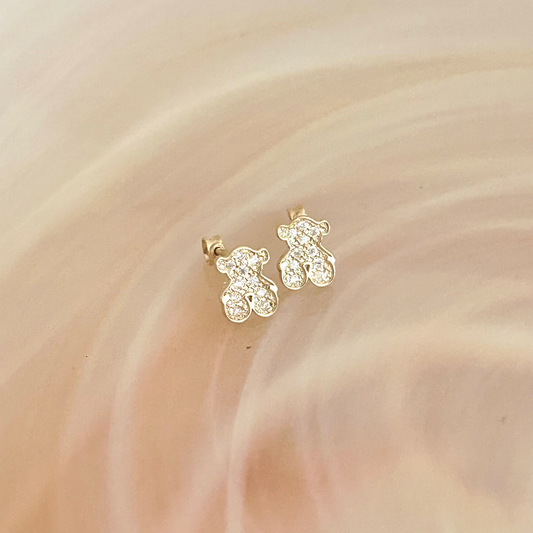 Broqueles Osito con Zirconias en Oro 14K