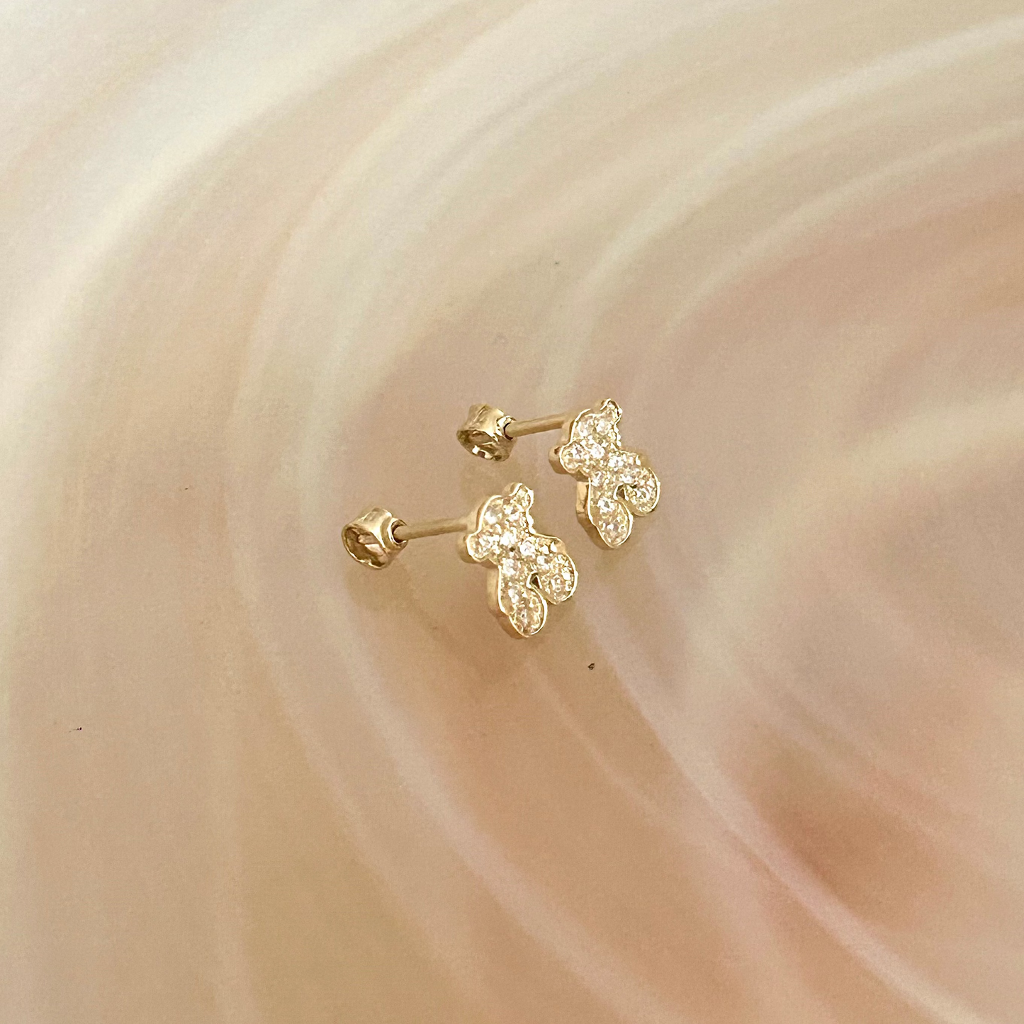 Broqueles Osito con Zirconias en Oro 14K