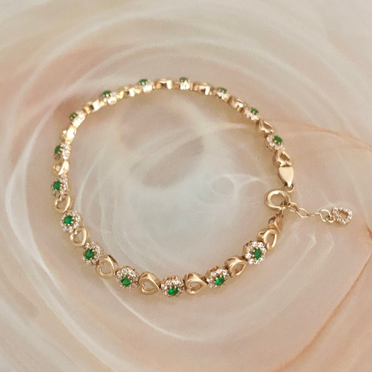 Pulsera Corazones y Flores Esmeralda en Oro 14K