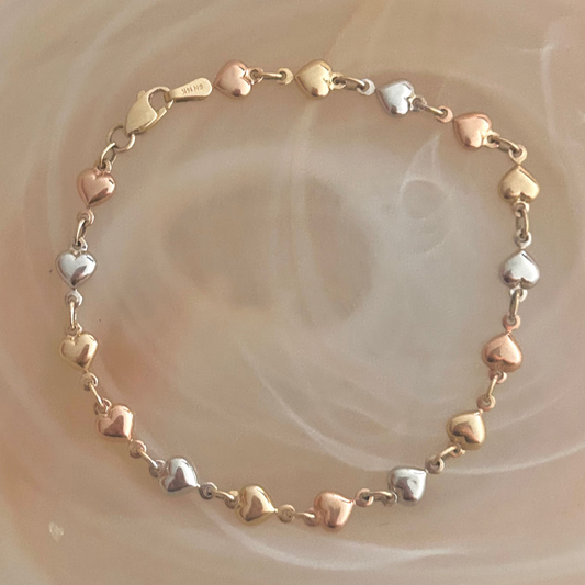 Pulsera de Corazones Tricolor en Oro 14K