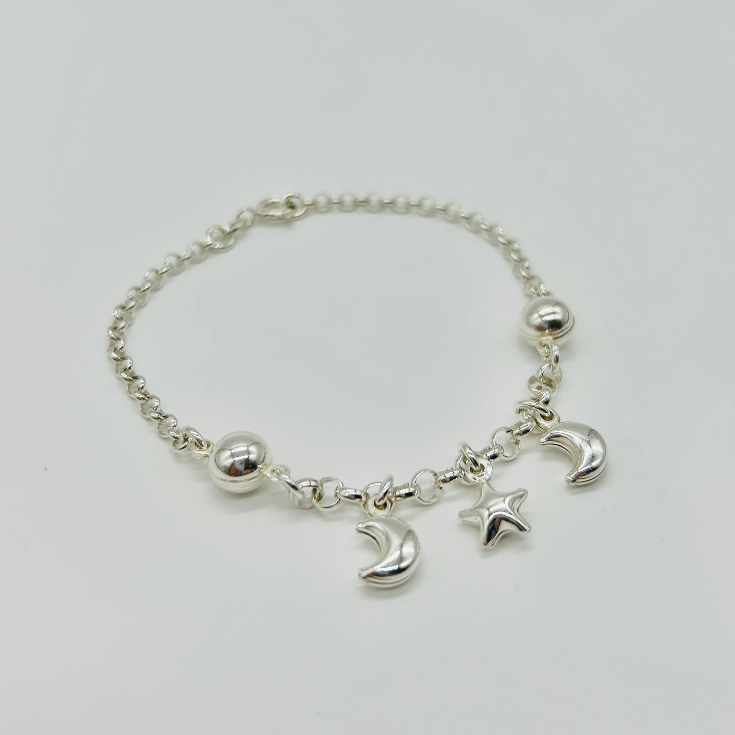 Pulsera de Plata de Dijes Colgantes de Luna y Estrella