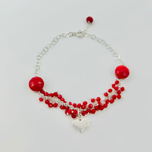 Pulsera de Plata con Bolitas Rojas y Corazón