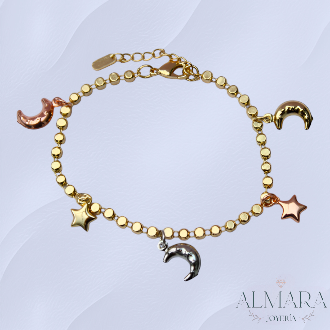 Pulsera de Bolitas con Dije de Luna y Estrella